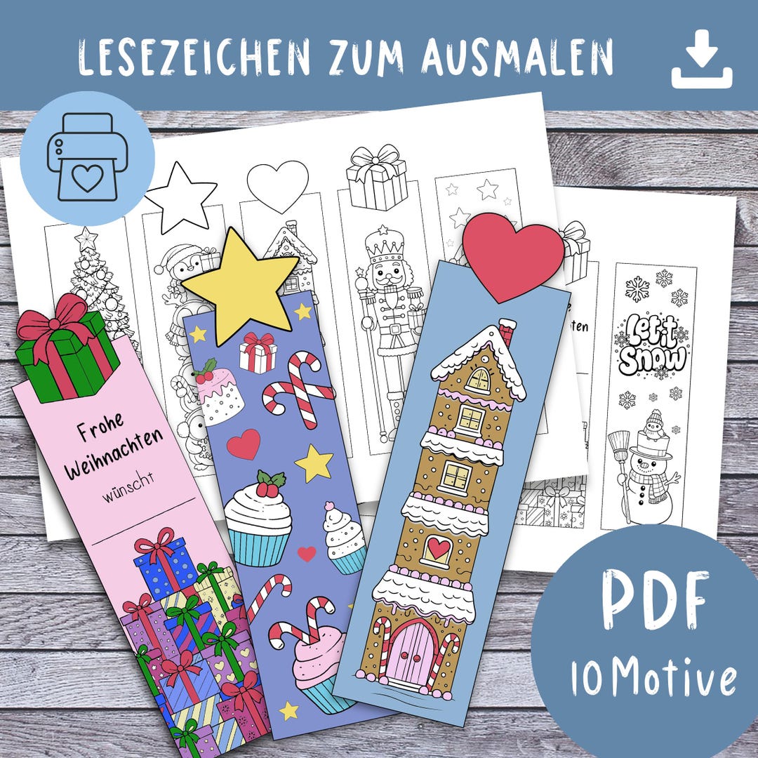 Christmas Bookmarks to Color for Kids – 10 Templates | PDF DIN A4 ...