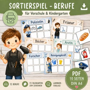 Peut inclure: Un jeu de tri éducatif imprimable comprenant 10 pages de fiches d'activités sur le thème des métiers. L'ensemble inclut 12 professions, 72 cartes à associer et des illustrations de personnages comme un policier, un boulanger et un médecin.