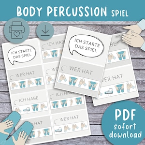 Könnte beinhalten: Ein Satz grauer und weißer Karten mit dem Text "BODY PERCUSSION SPIEL" und "ICH STARTE DAS SPIEL". Die Karten zeigen Illustrationen von Körperperkussionsaktionen. Ein blauer Kreis mit dem Text "PDF sofort download" ist ebenfalls sichtbar.