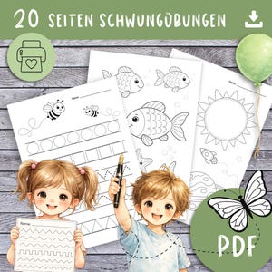 Puede incluir: Una colección de hojas de trabajo imprimibles para niños, con ejercicios de trazo de imágenes de abejas, peces y un sol. Las hojas de trabajo están diseñadas para ayudar a los niños a practicar sus habilidades motoras finas. El texto "20 Seiten Schwungübungen" es visible.