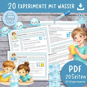 Może przedstawiać: Cyfrowy plik PDF z 20 eksperymentami naukowymi o wodzie. Okładka zawiera ilustracje dzieci, kropli wody i materiałów do eksperymentów. Tekst zawiera "20 EXPERIMENTE MIT WASSER" i "PDF 20 Seiten".