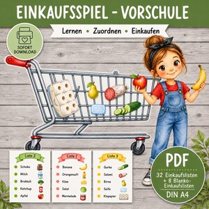 Einkaufsspiel Vorschule PDF | 32 Einkaufslisten + 8 Blanko Listen | Lernspiel Einkaufen | Kita Kindergarten | Sofort Download