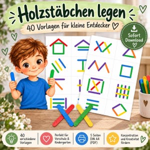 Wooden Stick Laying Game – 40 Templates | Preschool and Kindergarten Puzzle | Fine Motor Skills and Concentration | PDF Instant Download