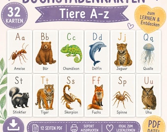 Könnte beinhalten: Ein Set aus 32 Lernkarten mit Buchstaben und Tierillustrationen. Jede Karte zeigt einen Groß- und Kleinbuchstaben sowie ein passendes Tier wie Ameise, Bär, Chamäleon, Delfin, Jaguar, Qualle, Stinktier, Tiger, Skorpion, Fuchs, Spinne und Uhu mit deutschem Text.