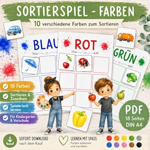 Könnte beinhalten: Ein ausdruckbares Lernspiel zum Sortieren mit drei Blättern, die den deutschen Text SORTIERSPIEL - FARBEN, BLAU, ROT und GRÜN enthalten. Die Blätter zeigen Illustrationen eines blauen Autos, eines Regenschirms, einer roten Kirsche, eines Marienkäfers und Brokkoli.