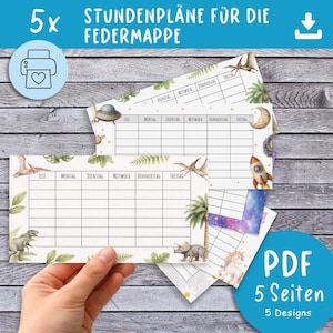 Könnte beinhalten: Fünf druckbare Stundenplanvorlagen mit Dinosaurier-, Weltraum- und Einhorn-Themen. Die Vorlagen sind weiß mit farbenfrohen Illustrationen und deutschem Text. Der Text "PDF 5 Seiten 5 Designs" ist sichtbar.