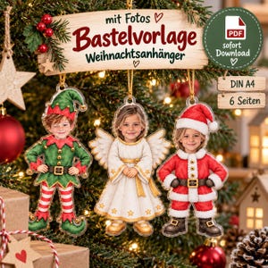 Könnte beinhalten: Eine digitale PDF-Bastelvorlage für Weihnachtsschmuck mit drei Figuren mit anpassbaren Gesichtern: ein Elf in Grün und Rot, ein Engel in weißem Gewand mit goldenen Akzenten und eine Person im roten Weihnachtsmannkostüm. DIN A4, 6 Seiten.