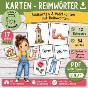 Puede incluir: Un conjunto educativo digital con 84 tarjetas imprimibles de rimas e imágenes. Incluye ilustraciones de un castillo, gusano, casa, ratón, rosa y pantalones vaqueros, con etiquetas de texto. Formato PDF de 17 páginas para papel tamaño A4.