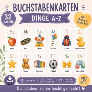 Könnte beinhalten: Ein Set aus 32 Lernkarten mit dem Titel BUCHSTABENKARTEN DINGE A-Z. Die Karten zeigen Illustrationen von Objekten wie Apfel, Boot, Clown, Drachen, Jacke, Quietscheente, Stern, Teddy, Xylophon, Fußball, Nudel und Springfeder auf weißem Grund.