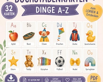 Könnte beinhalten: Ein Set aus 32 Lernkarten mit dem Titel BUCHSTABENKARTEN DINGE A-Z. Die Karten zeigen Illustrationen von Objekten wie Apfel, Boot, Clown, Drachen, Jacke, Quietscheente, Stern, Teddy, Xylophon, Fußball, Nudel und Springfeder auf weißem Grund.
