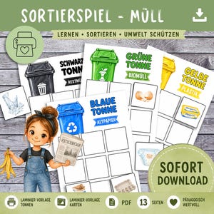 Könnte beinhalten: Ein ausdruckbares Lernspiel zum Müllsortieren mit Illustrationen von schwarzen, grünen, blauen und gelben Tonnen mit deutschen Beschriftungen. Das Set enthält eine Zeichentrickfigur mit Bananenschale und Zeitung sowie verschiedene Abfallkarten.