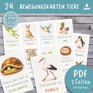 Könnte beinhalten: Ein Set von 24 Bewegungskarten mit Tierillustrationen. Jede Karte zeigt ein Tier wie einen Frosch oder Pinguin, zusammen mit Anweisungen auf Deutsch. Die Karten sind für pädagogische Zwecke konzipiert und als PDF verfügbar.