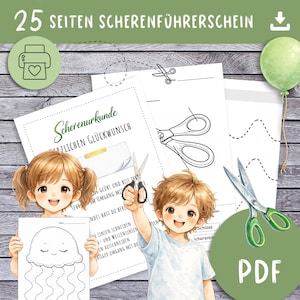 May include: A PDF document titled "25 Seiten Scherenführerschein" with illustrations of scissors and children. The image includes a green balloon and the word "PDF" in a green circle. The document appears to be a children's activity.