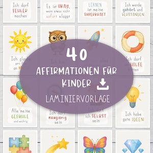 Puede incluir: Un conjunto de 40 tarjetas de afirmaciones para niños, con ilustraciones coloridas y mensajes positivos en alemán. Las tarjetas presentan imágenes como un sol, un búho, un cohete y globos. Diseñadas para ser laminadas.