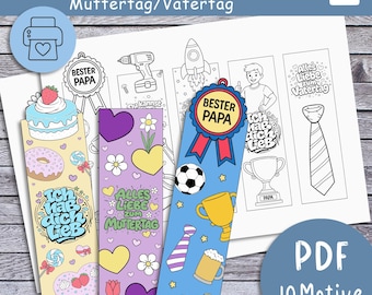 Lesezeichen zum Ausmalen für Kinder Muttertag und Vatertag – 10 Vorlagen | PDF DIN A4 | Bastelidee & Geschenk
