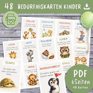 以下が含まれることがあります： 子供向けの48枚のイラスト入りニーズカードのセット。各カードには、「遊び」、「創造性」、「快適さ」など、さまざまなニーズが記載されており、動物のイラストが添えられています。教育目的で設計されています。