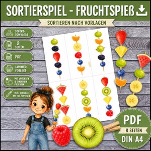 Könnte beinhalten: Ein digitales Sortierspiel zum Ausdrucken mit Obstspießen aus Erdbeeren, Bananen, Blaubeeren, Kiwi und Wassermelone. Enthält eine Comicfigur in Jeanslatzhose, acht Seiten PDF-Vorlagen sowie Anleitungen zum Laminieren und Ausschneiden.