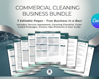 Pacchetto per attività di pulizia commerciale (7 modelli Canva modificabili + guida utente da 2 pagine)