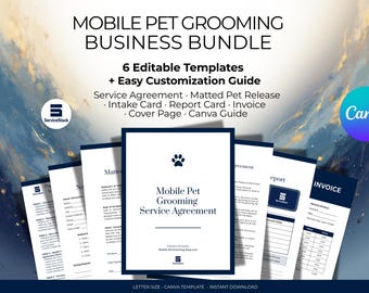 Pacchetto per attività di toelettatura per animali domestici: contratto di servizio, accettazione e modelli Canva modificabili