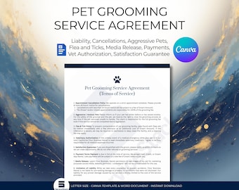 Contratto di servizio di toelettatura per animali domestici e rinuncia di responsabilità - Modello Canva modificabile e documento Word
