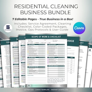 May include: A bundle of 7 editable pages for a residential cleaning business. The documents include a service agreement, checklist, invoice, and user guide. The text on the documents includes "Scope of Work & Checklist" and "True Business in a Box!"