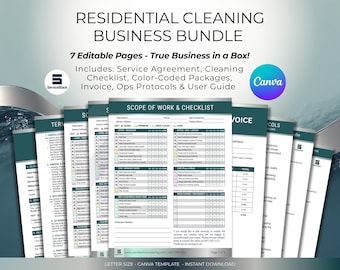 Pacchetto per attività di pulizia residenziale: contratto Canva modificabile, checklist, fattura
