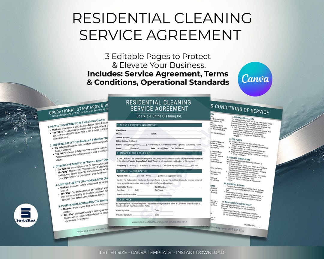 Residential Cleaning Service Agreement, Editable Canva Template ...