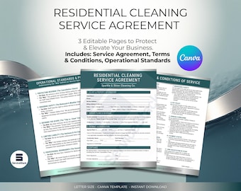 Contratto di servizio di pulizia residenziale, modello Canva modificabile, protegge la tua attività