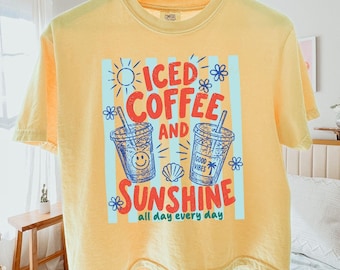 Iced Coffee And Sunshine Boxy Tee, Coffee Lover Cropped Shirt, Summer Coffee Tee, Retro Striped Beach Top, Cute Summer Gifts, Comfort Colors