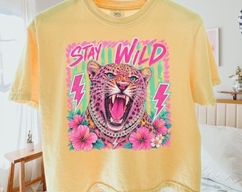 Preppy Stay Wild Comfort Colors Boxy Tee, Summer Beach Boxy Tee, Maximalist Colorful Summer Cropped Shirt, Women's Vacation Crop Top