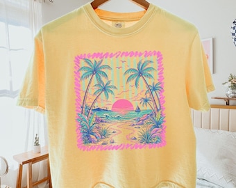 Preppy Retro Tropical Beach Comfort Colors Boxy Tee, Women's Summer Cropped Shirt, Maximalist Neon Coastal Graphic Crop Top, Vacation Gift