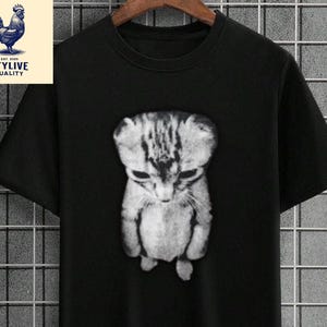 Pode incluir: Camiseta preta com uma imagem em tons de cinza de um gatinho triste. A camiseta tem gola redonda e mangas curtas. Um logotipo com um galo e as palavras "STYLIVE QUALITY" está no canto superior esquerdo.