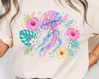 Retro Colorful Jellyfish Graphic Tshirt, Sea Animal Shirt, Beach Tee, Summer Women Sweater, Tropical Animal Top, Summer Gift for Daughter