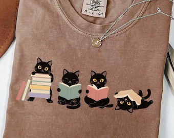 Black Cats Reading Book Comfort Colors Tshirt, Funny Reader Shirt for Book Lover, Cute Book Nerd Cat Sweater, Retro Minimalist Bookish Tee
