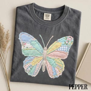 Faux Patchwork Butterfly T-Shirt, Comfort Colors, Cottagecore Forestcore Granola Girl Shirt, Wildflower & Floral Patch, Boho Goblincore