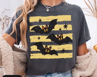 Striped Bats Comfort Colors Tshirt, Brushstroke Preppy Bat Tee For Women, Women's Fall Outfit Top, Thanksgiving gift for Kids, Halloween Top