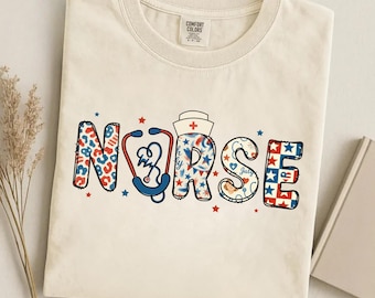 Patriotic Nurse Shirt, Comfort Colors® Nursing Student Tee, 4th of July Medical Gift, Stethoscope Heart Graphic Top, Retro Healthcare Worker