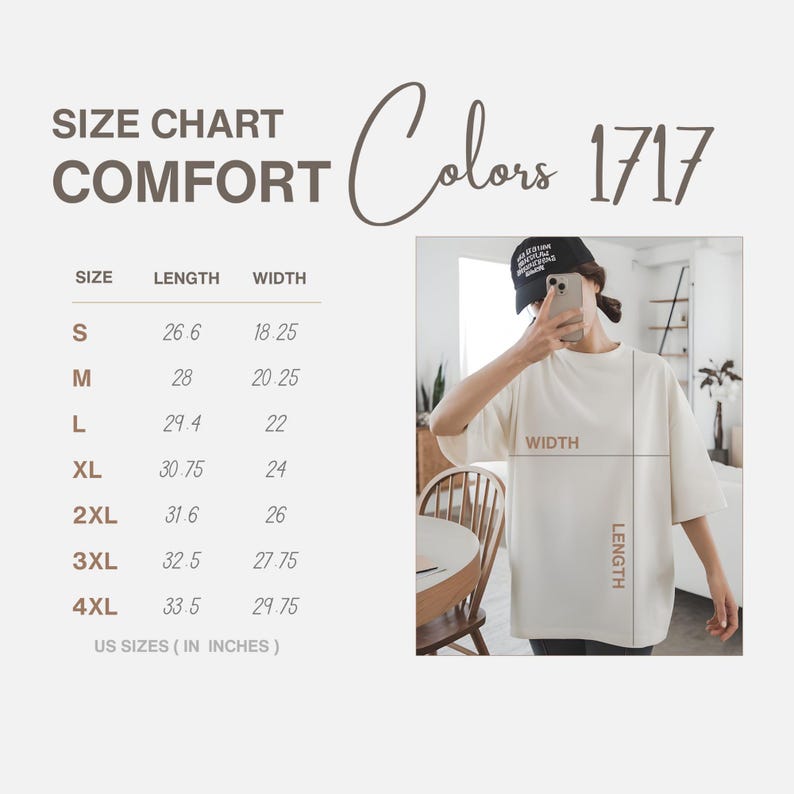 May include: Cream-colored Comfort t-shirt with short sleeves. The image includes a size chart with measurements in inches, and the text "Colors 1717". The shirt is being modeled.