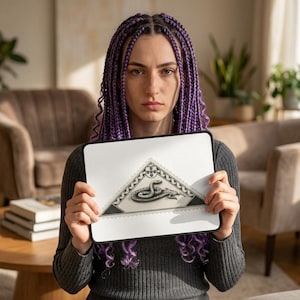 May include: A black and white tablet case featuring a detailed illustration of a snake within a triangular design. The case has a black border and a white background. The design is reminiscent of a vintage stamp.