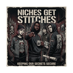 May include: Illustration featuring four individuals in a gritty urban setting. The image has a distressed, vintage aesthetic. The text "Niches Get Stitches" is prominently displayed, with the phrase "Keeping Our Secrets Secure" below. The characters are wearing hoodies and beanies.