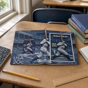 Peut inclure: Un carnet aux tons bleus arborant une impression graphique d'un timbre-poste américain Babe Ruth 20c de 1983. La couverture montre un joueur de baseball en uniforme rayé frappant une balle dans un stade, avec le texte Babe Ruth, USA 20c et 1983.