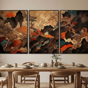 May include: A triptych of framed art prints featuring an abstract landscape. The artwork showcases a blend of colors, including orange, brown, and teal, with a focus on stylized trees and cloud-like formations. The overall theme is a blend of nature and abstract art.