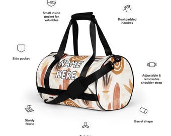 Gepersonaliseerde bohemian sporttas, minimalistische workouttas met eigen naam, boho fitnesstas, elegante weekendtas, hippie tribal reistas