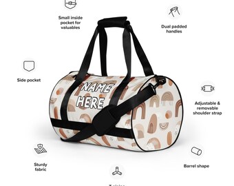 Gepersonaliseerde bohemian sporttas, minimalistische workouttas met eigen naam, boho fitnesstas, elegante weekendtas, hippie tribal reistas