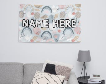 Gepersonaliseerde Boheemse vlag, minimalistische banner met eigen naam, boho woondecoratie, gezellige vlag, modern geïnspireerd cadeau, chique decoratief stuk