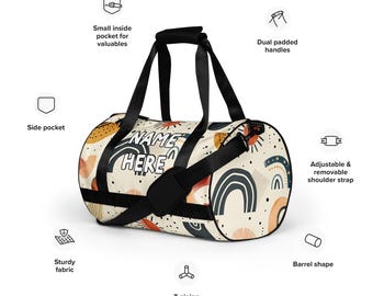 Gepersonaliseerde bohemian sporttas, minimalistische workouttas met eigen naam, boho fitnesstas, elegante weekendtas, hippie tribal reistas