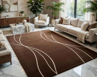 Brown Modern Area Rug Hand Tufted Wool Minimal Abstract Line Carpet Luxury Designer Floor Decor Living Room Bedroom Large Rug