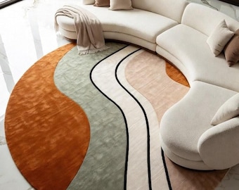 Hand Tufted Round Wool Rug, Abstract Modern Area Rug, Terracotta Sage Green Carpet, Neutral Living Room Decor, Large Circle Rug