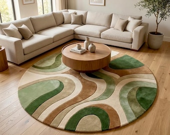 Hand Tufted Round Wool Rug, Green Beige Abstract Wave Area Rug, Modern Scandinavian Carpet for Living Room Bedroom Decor