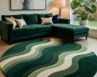 Green Abstract Round Area Rug Hand Tufted Wool Wave Pattern Modern Living Room Carpet Minimalist Designer Circle Floor Decor
